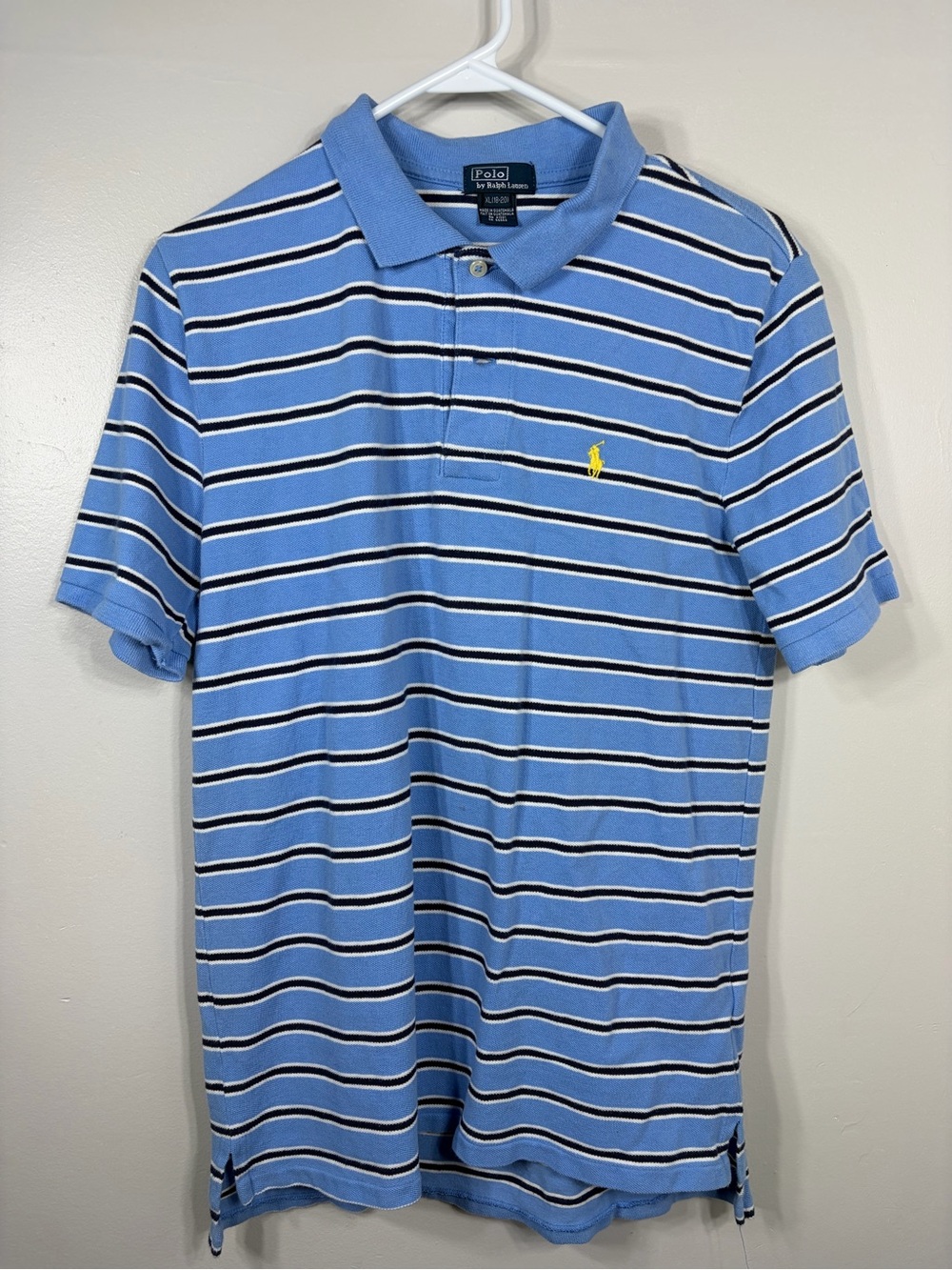 Polo Ralph Lauren Youth XL‎ 18-20 Blue Striped Cotton Polo Shirt Yellow Pony